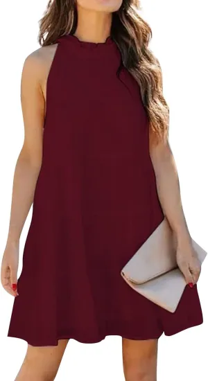 Womens Halter Sundress Summer Sleeveless Swing A Line Dresses Plus Size Casual Vacation Cute Flowy Mini Dress