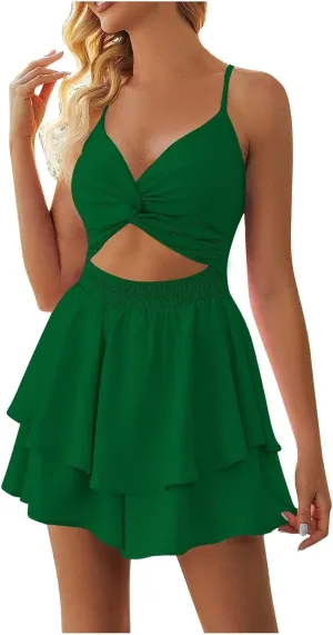 Women's Jumpsuit Sexy V Neck Twist Spaghetti Straps Double Layer Ruffle Hem Mini Short Romper 2025