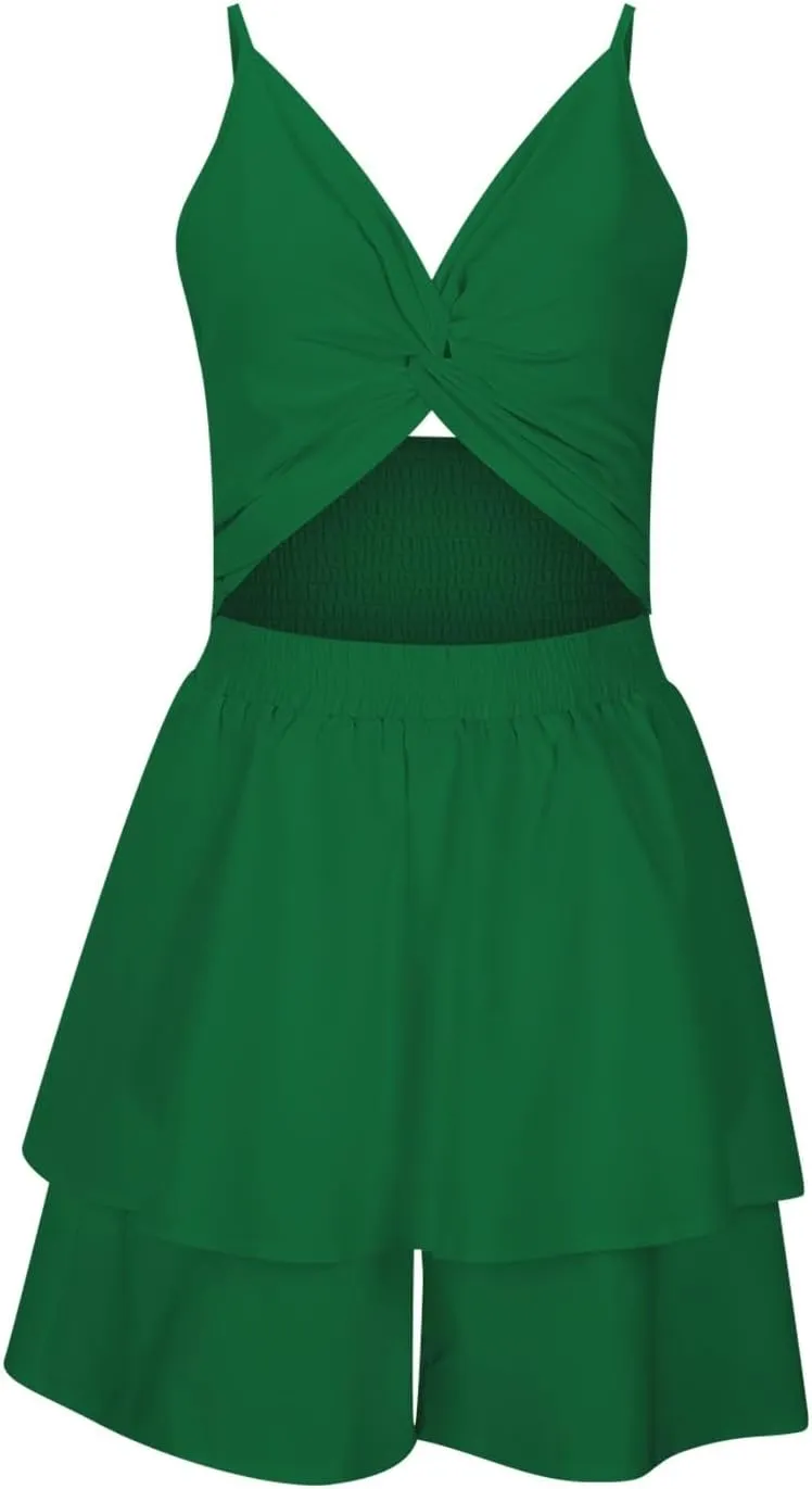 Women's Jumpsuit Sexy V Neck Twist Spaghetti Straps Double Layer Ruffle Hem Mini Short Romper 2025