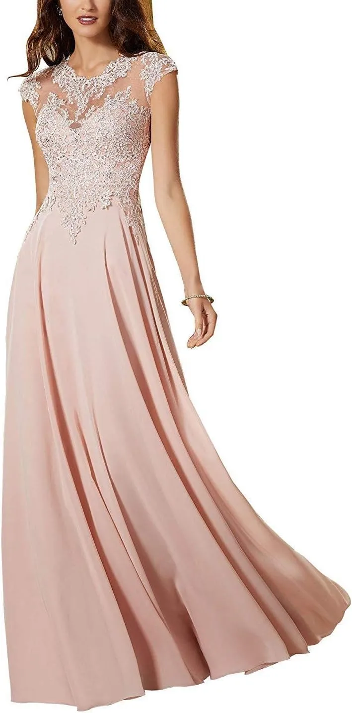Women's Lace Appliques Bridesmaid Dress Long Chiffon Slit Prom Evening Gowns 2019 P74 Blush Custom-Made