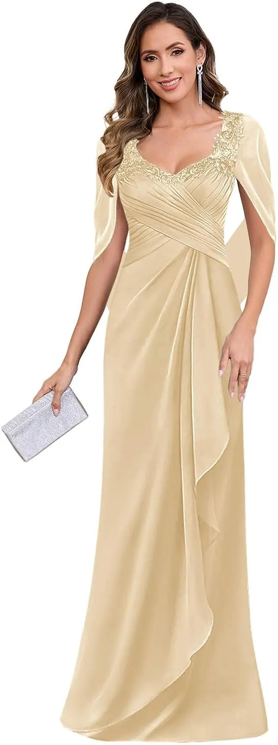 Women's Lace Mermaid Mother of The Bride Dresses for Wedding Long Chiffon V Neck Formal Evening Gowns