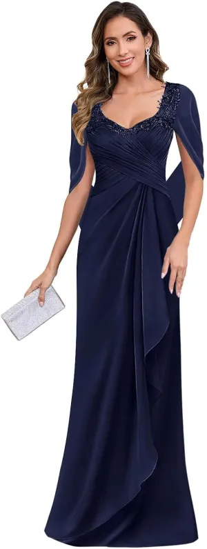 Women's Lace Mermaid Mother of The Bride Dresses for Wedding Long Chiffon V Neck Formal Evening Gowns