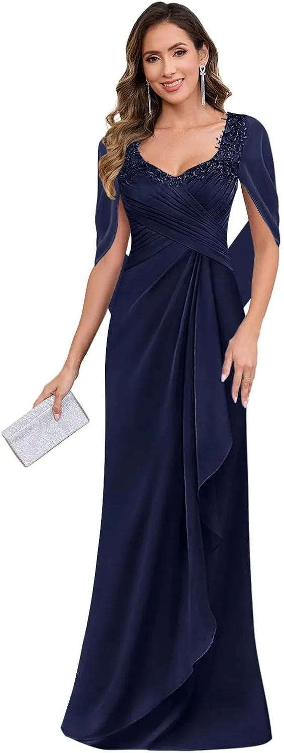 Women's Lace Mermaid Mother of The Bride Dresses for Wedding Long Chiffon V Neck Formal Evening Gowns