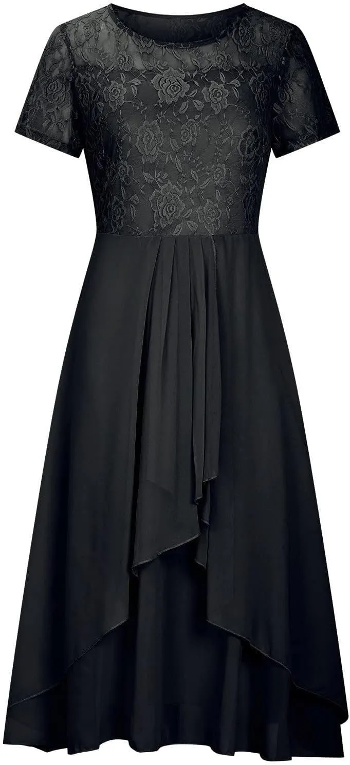 Women's Long Dresses Elegant Lace Splicing Solid Color Evening Gown Short Sleeve Cocktail Wedding Dresses, S-3XL