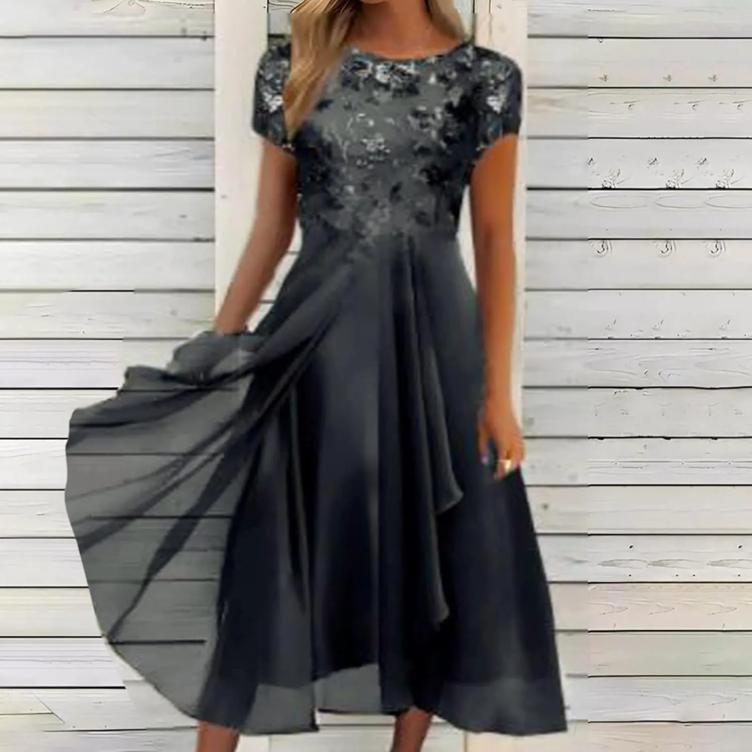 Women's Long Dresses Elegant Lace Splicing Solid Color Evening Gown Short Sleeve Cocktail Wedding Dresses, S-3XL