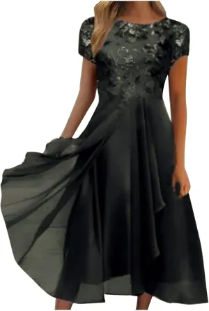 Women's Long Dresses Elegant Lace Splicing Solid Color Evening Gown Short Sleeve Cocktail Wedding Dresses, S-3XL