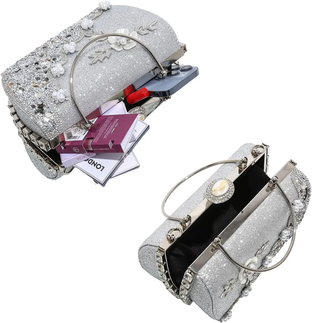 Women's Luxury Crystal Rhinestone Diamond Pearl Metallic Flower Evening Wedding Handbag