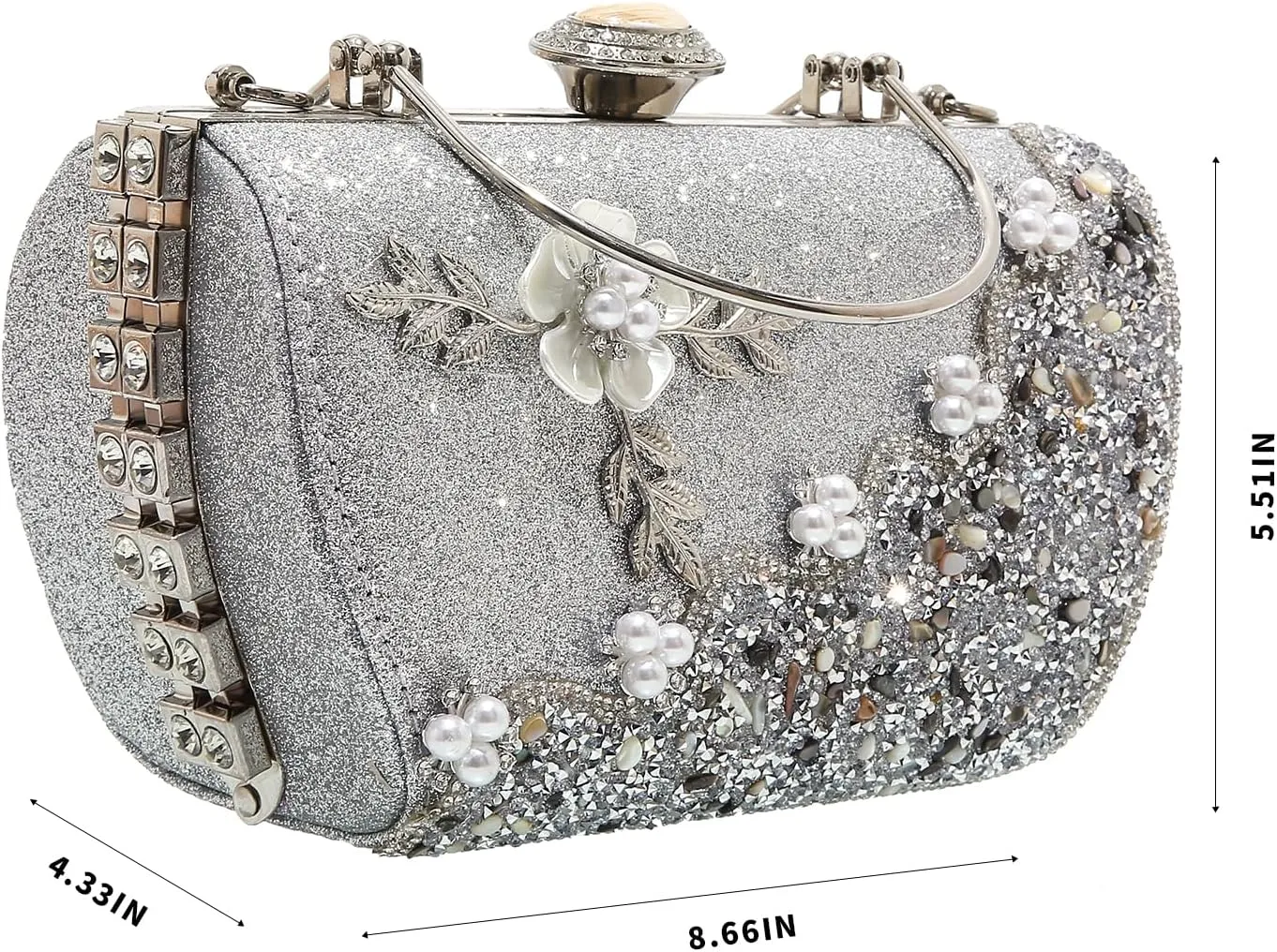 Women's Luxury Crystal Rhinestone Diamond Pearl Metallic Flower Evening Wedding Handbag