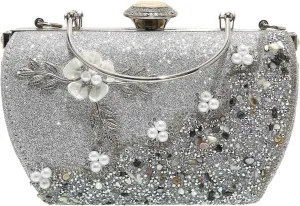 Women's Luxury Crystal Rhinestone Diamond Pearl Metallic Flower Evening Wedding Handbag