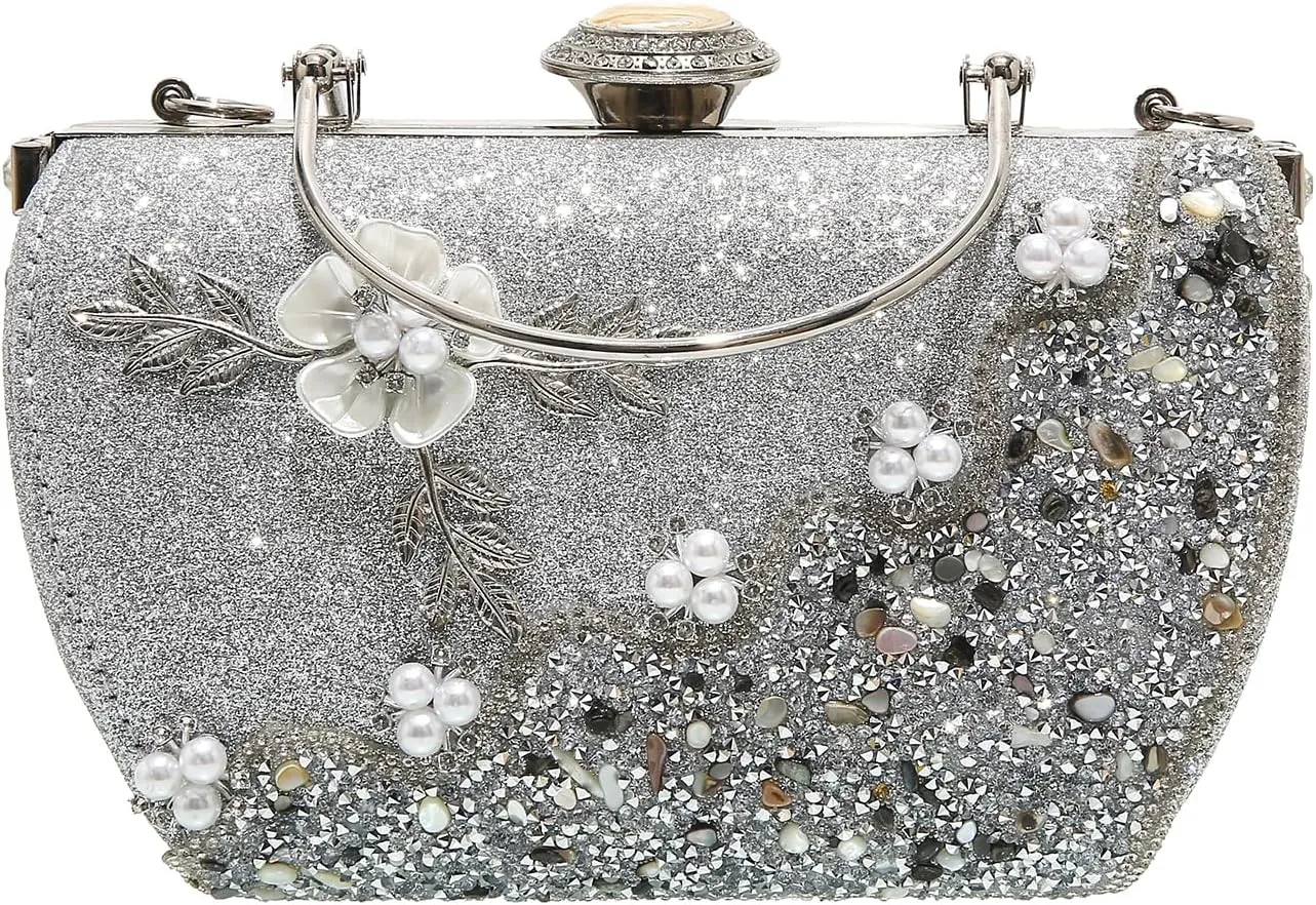 Women's Luxury Crystal Rhinestone Diamond Pearl Metallic Flower Evening Wedding Handbag