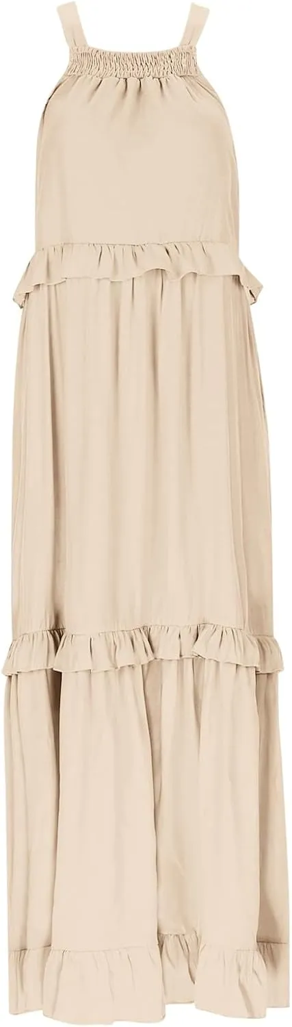 Women's Maxi Dress 2025 Summer Halter Sleeveless Ruffle Tiered Casual Loose Sundress Swing Boho Beach Party Long Dress