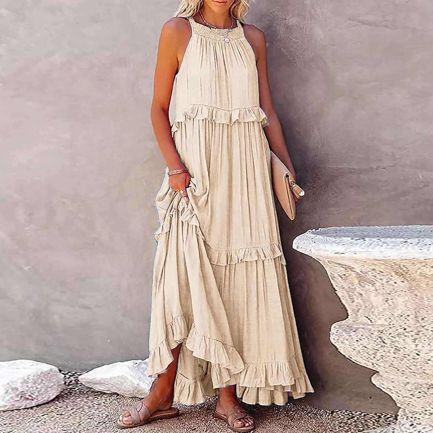 Women's Maxi Dress 2025 Summer Halter Sleeveless Ruffle Tiered Casual Loose Sundress Swing Boho Beach Party Long Dress