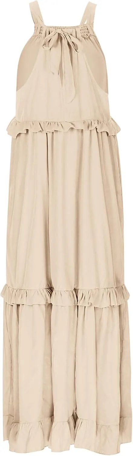 Women's Maxi Dress 2025 Summer Halter Sleeveless Ruffle Tiered Casual Loose Sundress Swing Boho Beach Party Long Dress