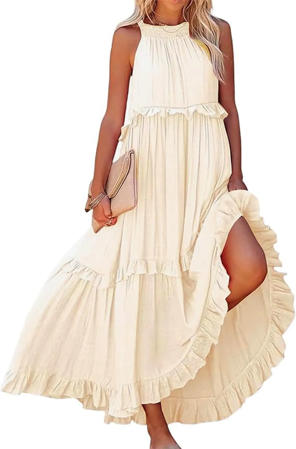 Women's Maxi Dress 2025 Summer Halter Sleeveless Ruffle Tiered Casual Loose Sundress Swing Boho Beach Party Long Dress