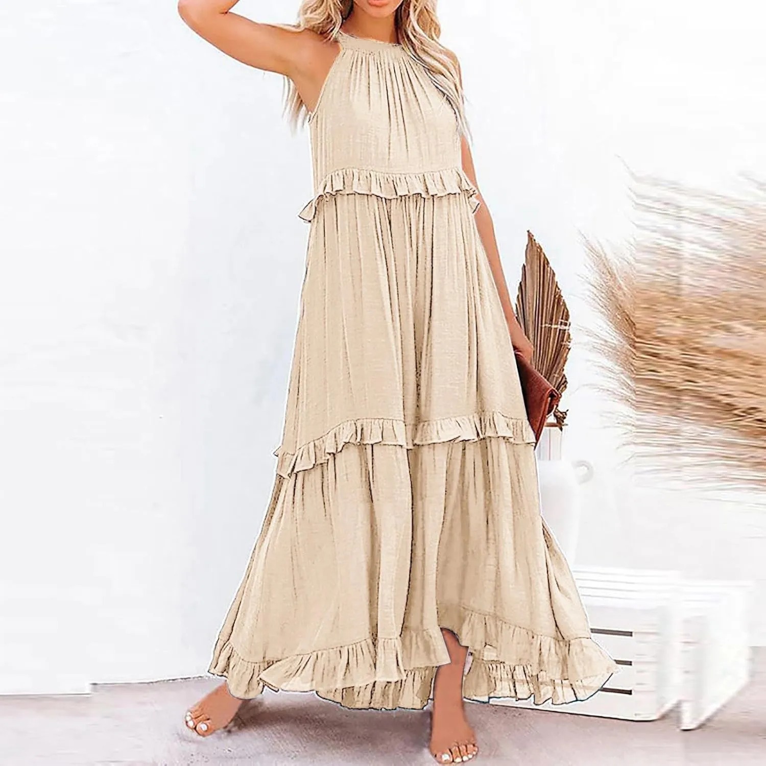 Women's Maxi Dress 2025 Summer Halter Sleeveless Ruffle Tiered Casual Loose Sundress Swing Boho Beach Party Long Dress