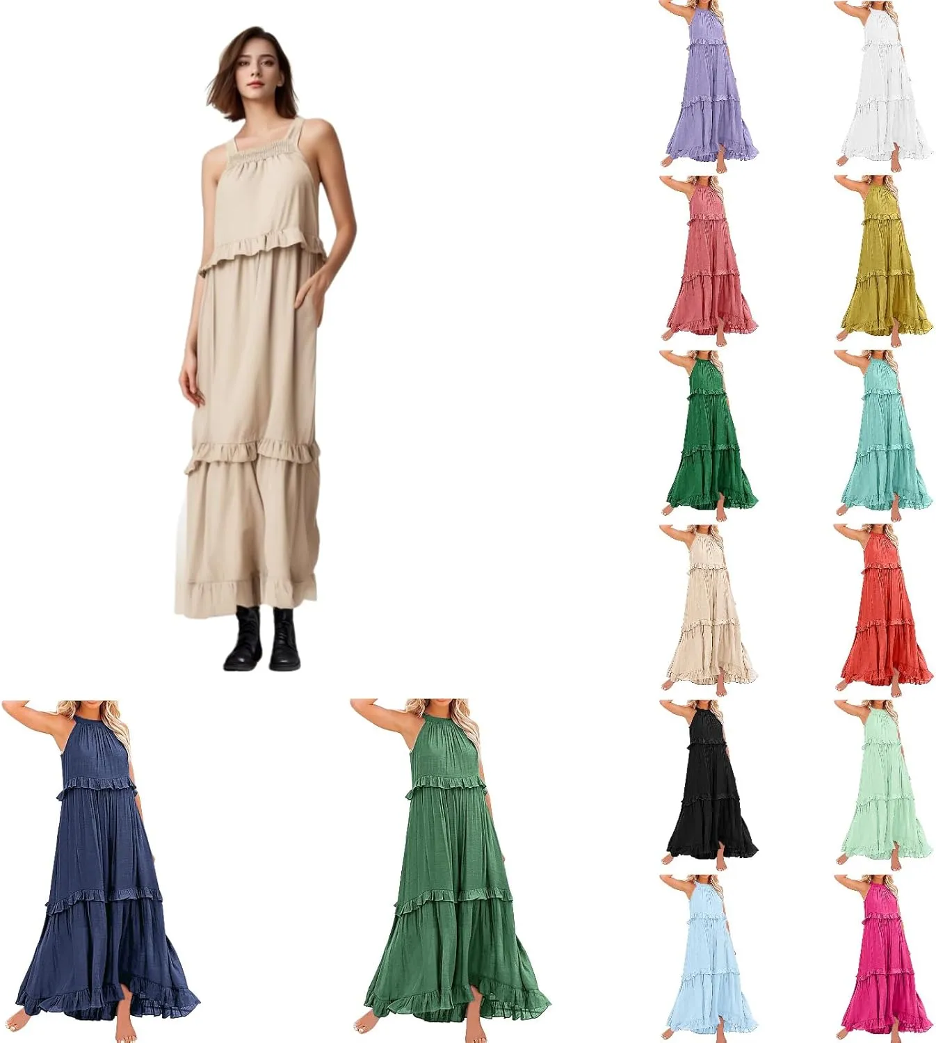 Women's Maxi Dress 2025 Summer Halter Sleeveless Ruffle Tiered Casual Loose Sundress Swing Boho Beach Party Long Dress