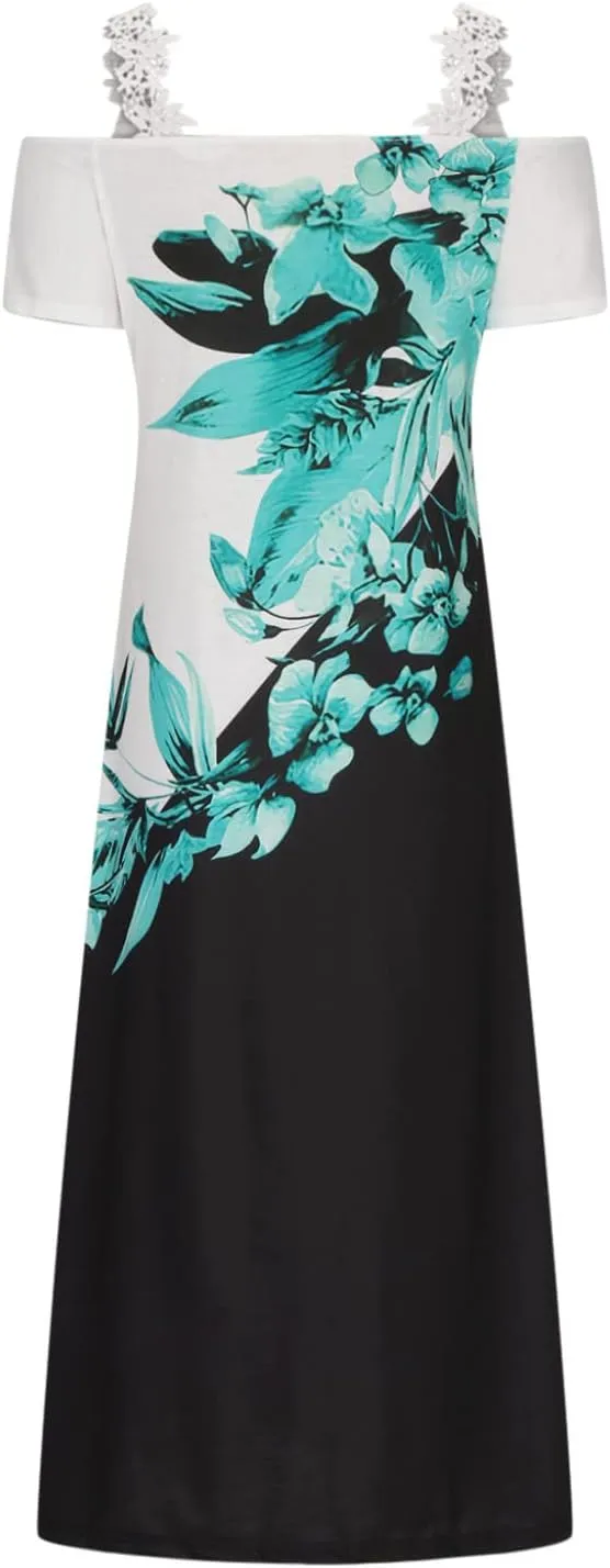 Womens Maxi Dress Lace Strap Sexy Sundresses V Neck Floral Dresses Cold Shoulder Short Sleeve Vacation Cami Dress
