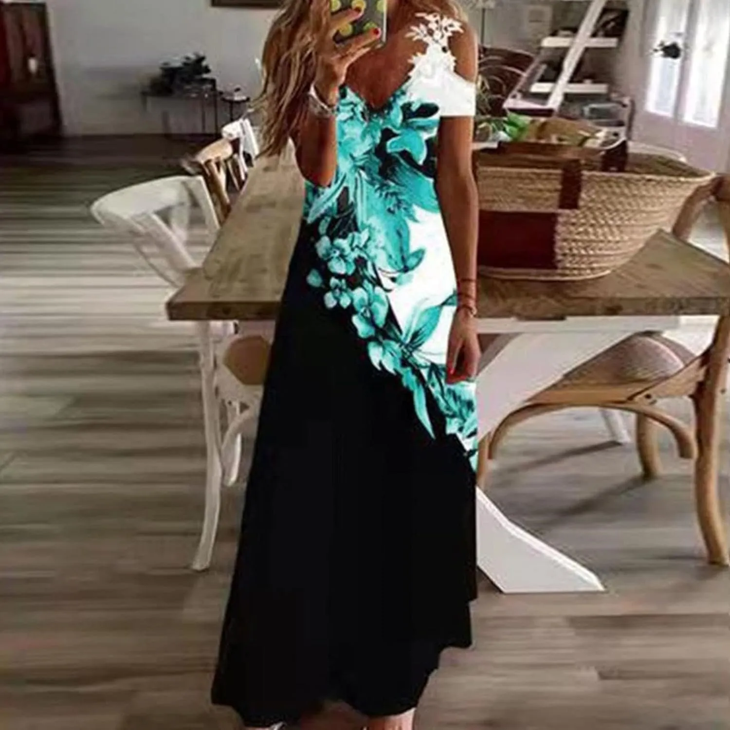 Womens Maxi Dress Lace Strap Sexy Sundresses V Neck Floral Dresses Cold Shoulder Short Sleeve Vacation Cami Dress
