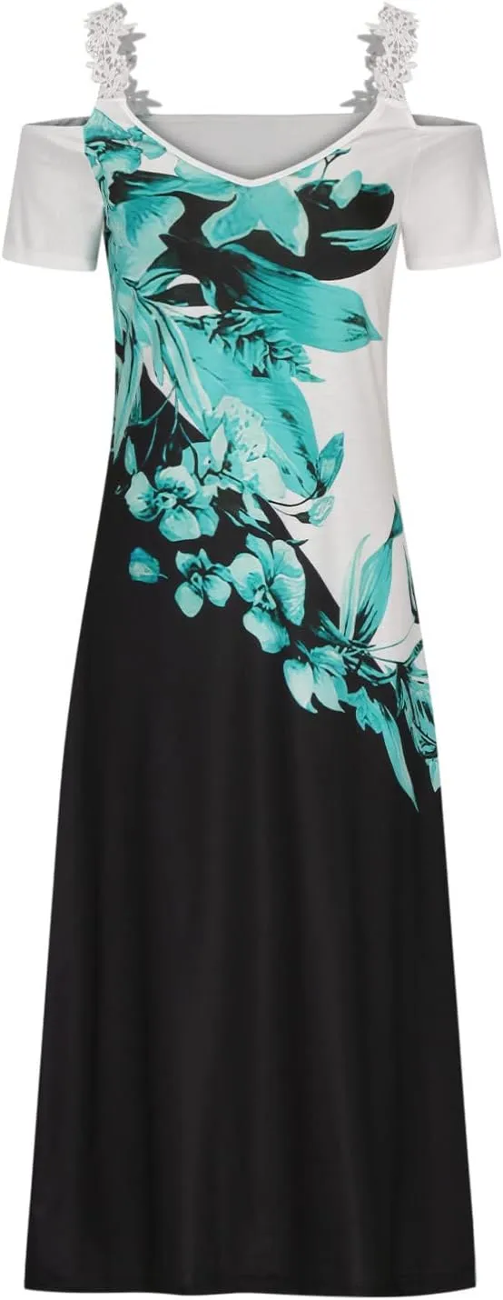 Womens Maxi Dress Lace Strap Sexy Sundresses V Neck Floral Dresses Cold Shoulder Short Sleeve Vacation Cami Dress
