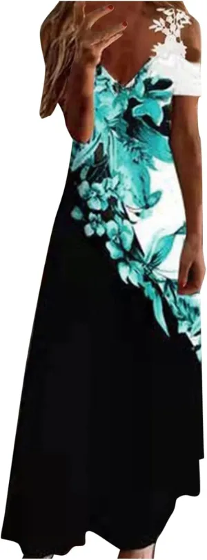 Womens Maxi Dress Lace Strap Sexy Sundresses V Neck Floral Dresses Cold Shoulder Short Sleeve Vacation Cami Dress
