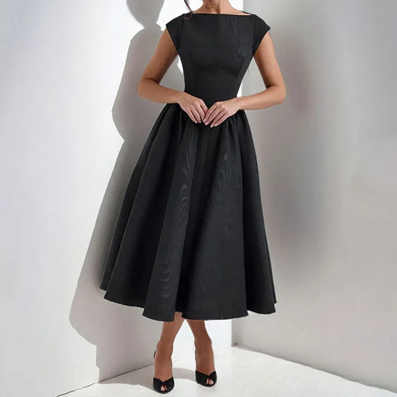 Womens Midi Dress  Sleeveless  Slim Fit  Flared Skirt  Round Neck Elegant Style