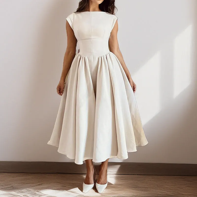 Womens Midi Dress  Sleeveless  Slim Fit  Flared Skirt  Round Neck Elegant Style