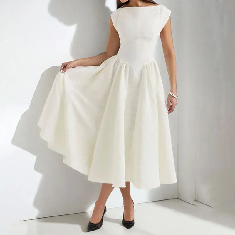 Womens Midi Dress  Sleeveless  Slim Fit  Flared Skirt  Round Neck Elegant Style
