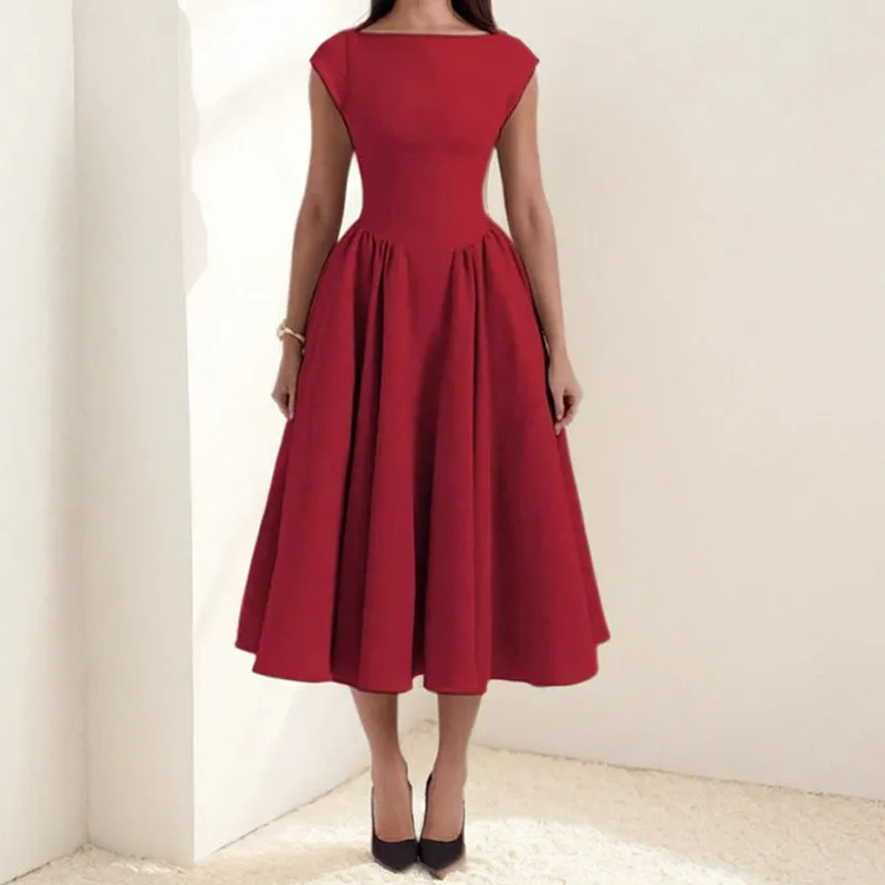 Womens Midi Dress  Sleeveless  Slim Fit  Flared Skirt  Round Neck Elegant Style