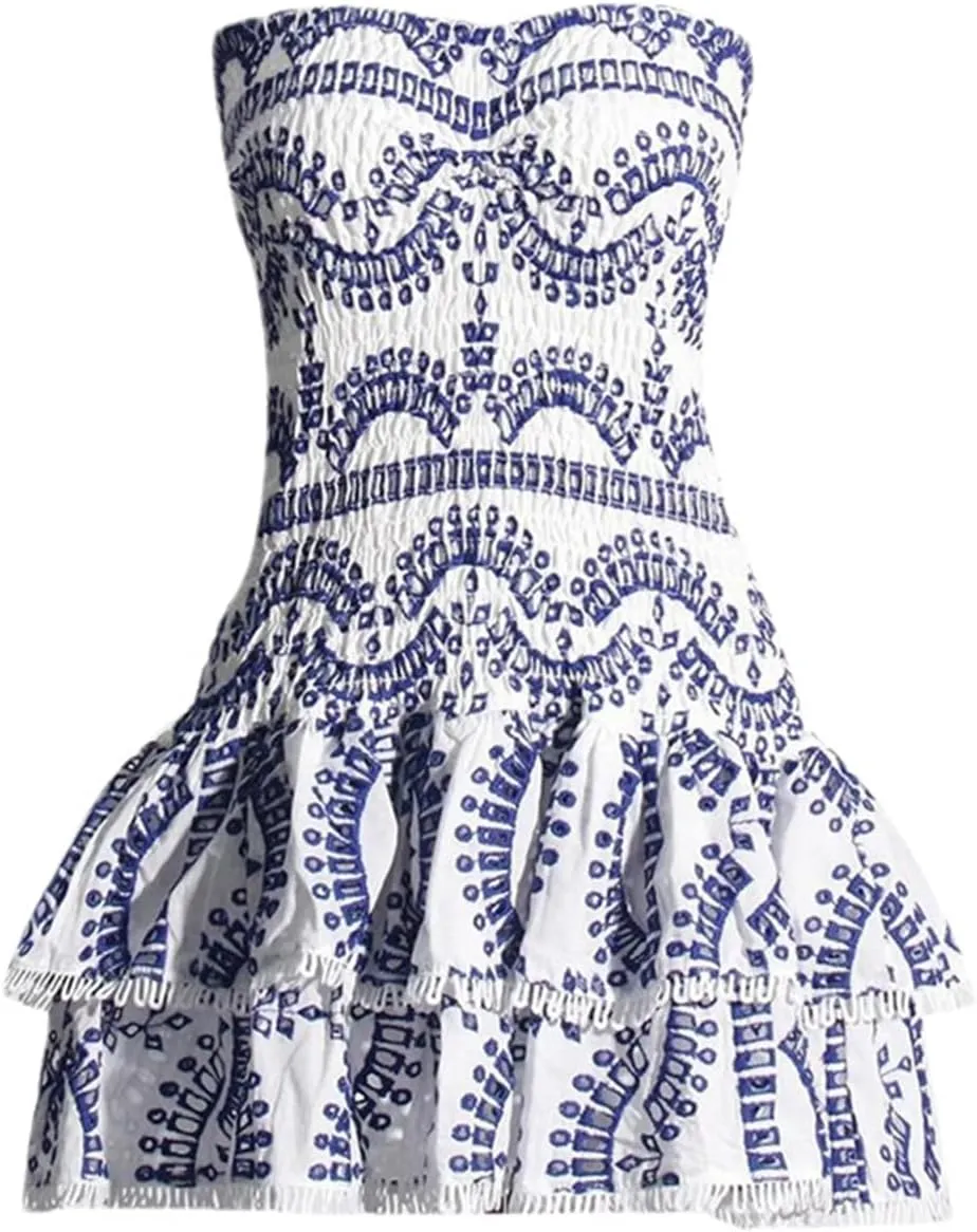 Women's Mini A Line Dresses Sexy Strapless Sleeveless High Waist Ruffles Hem Elegant Slim Dress