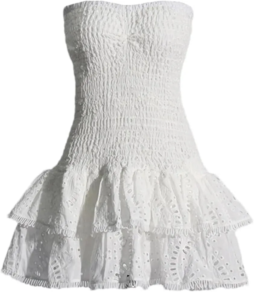 Women's Mini A Line Dresses Sexy Strapless Sleeveless High Waist Ruffles Hem Elegant Slim Dress