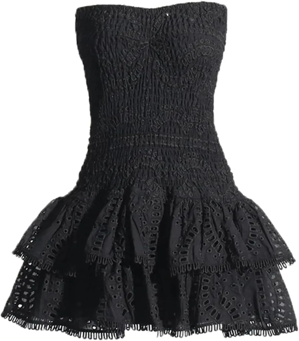 Women's Mini A Line Dresses Sexy Strapless Sleeveless High Waist Ruffles Hem Elegant Slim Dress