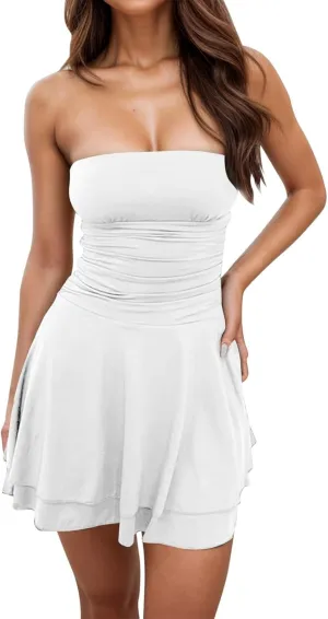 Women's Mini Dress Summer Cocktail Tube Ruched Waist Ruffle Corset Party A-line Dresses 2025 Trendy