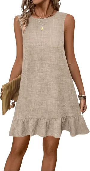 Womens Mini Dress Summer Sleeveless Ruffle Hem A Line Dresses Casual Loose Swing Vacation Beach Sundress