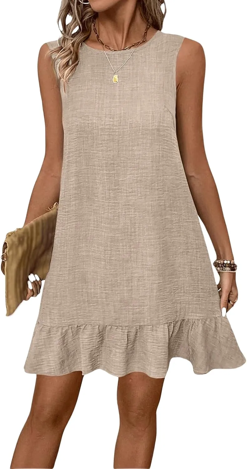 Womens Mini Dress Summer Sleeveless Ruffle Hem A Line Dresses Casual Loose Swing Vacation Beach Sundress
