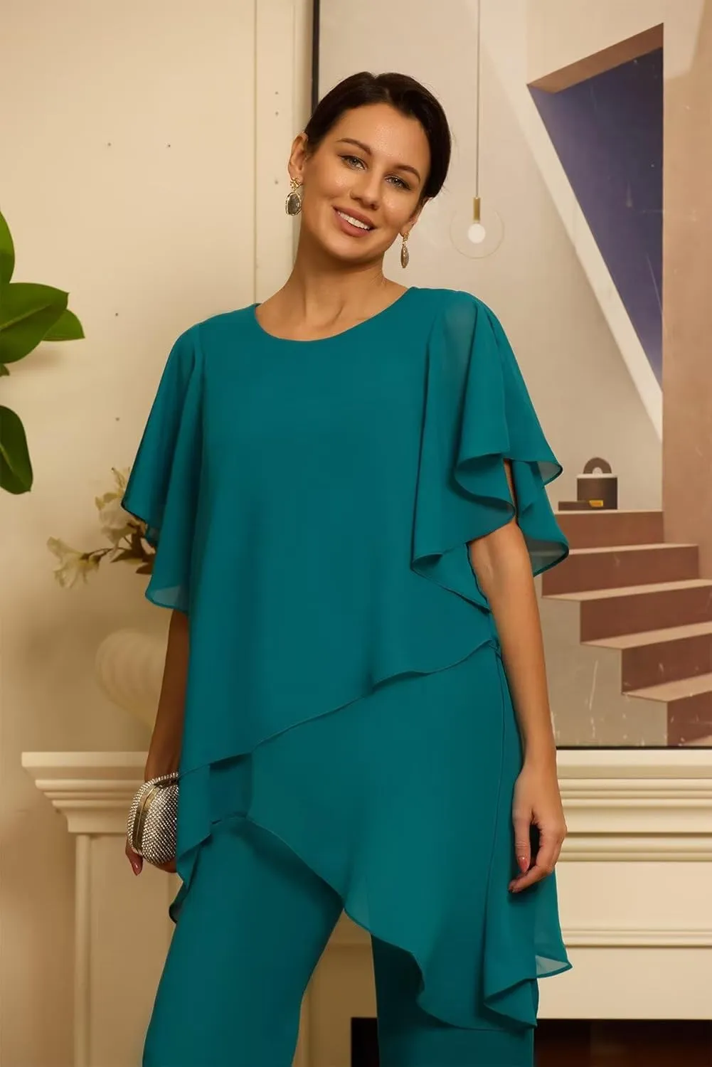 Women's Mother of The Bride Pant Suits 2 Pieces Chiffon Outfit Sets for Wedding Guest Evening Gowns