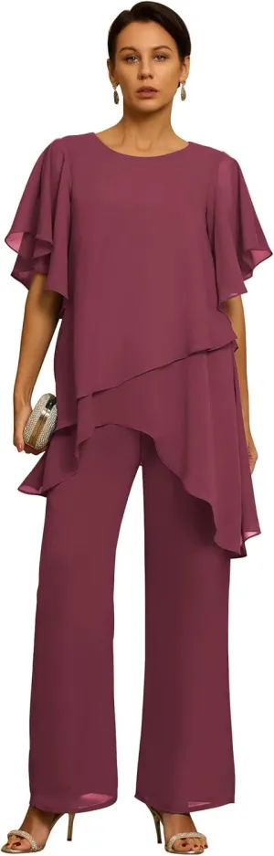 Women's Mother of The Bride Pant Suits 2 Pieces Chiffon Outfit Sets for Wedding Guest Evening Gowns