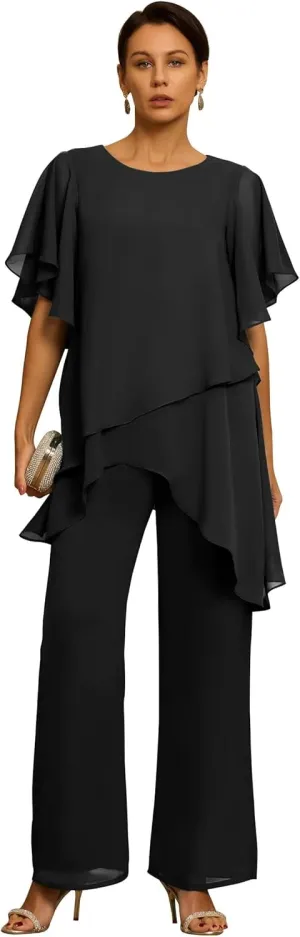 Women's Mother of The Bride Pant Suits 2 Pieces Chiffon Outfit Sets for Wedding Guest Evening Gowns