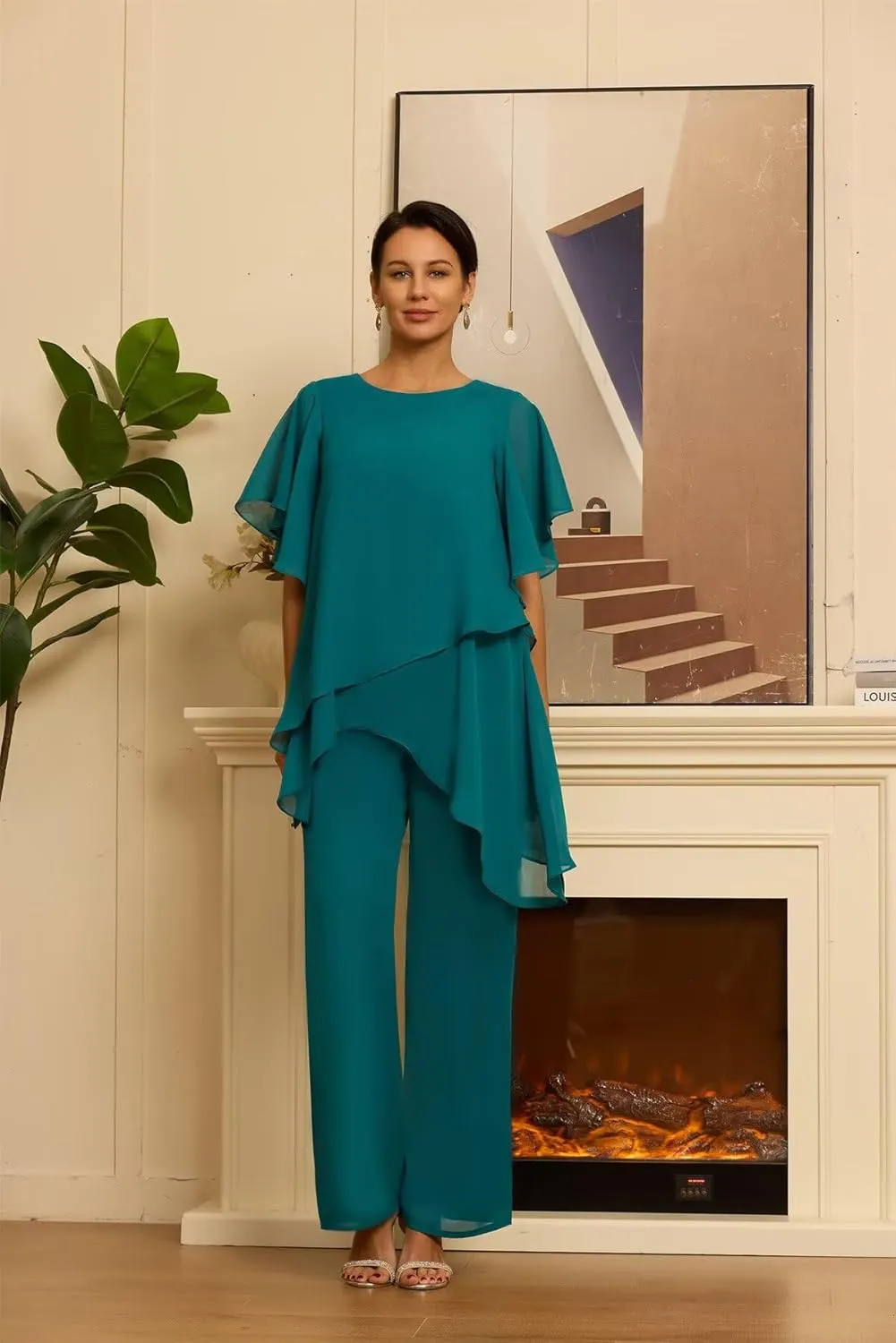 Women's Mother of The Bride Pant Suits 2 Pieces Chiffon Outfit Sets for Wedding Guest Evening Gowns