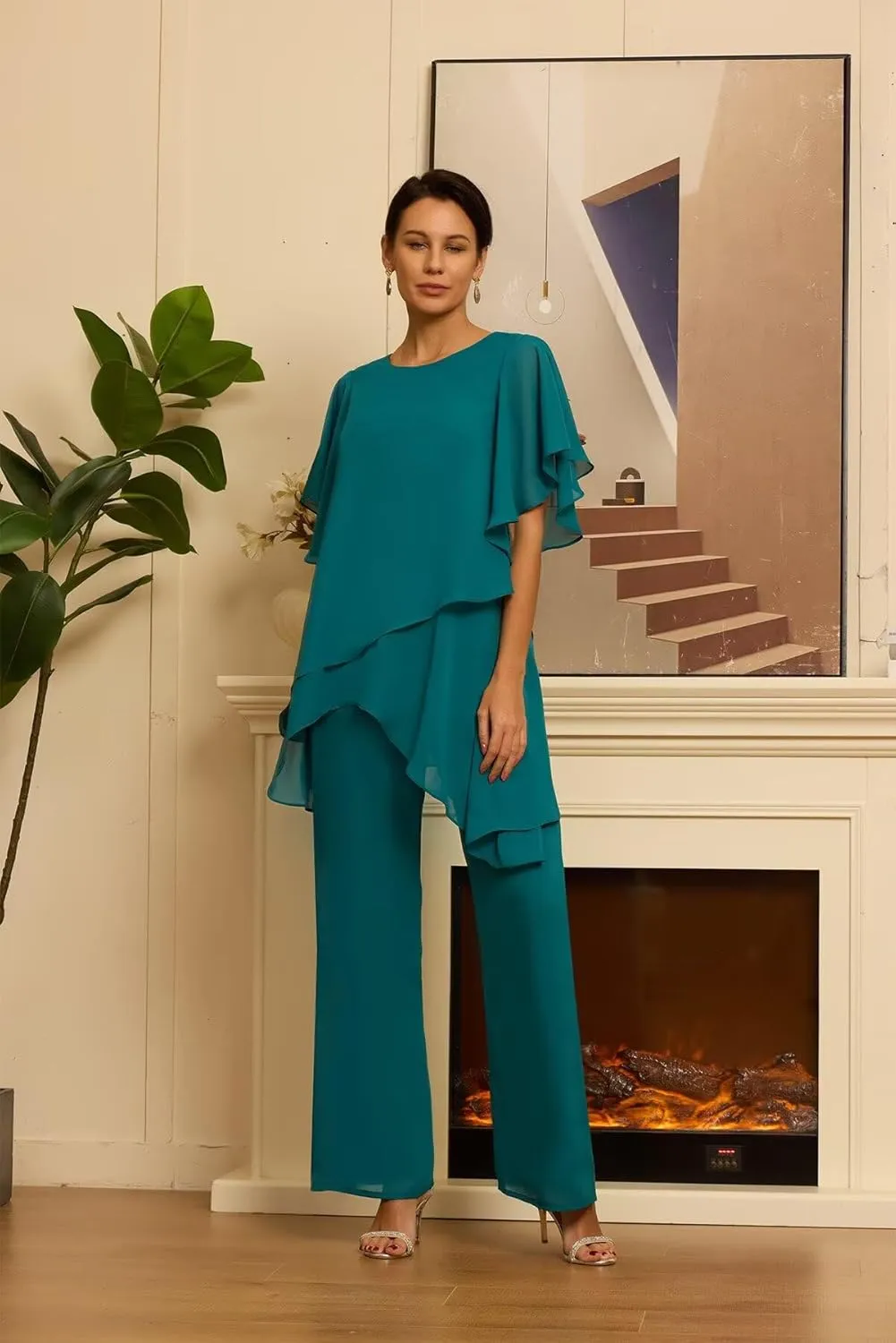 Women's Mother of The Bride Pant Suits 2 Pieces Chiffon Outfit Sets for Wedding Guest Evening Gowns