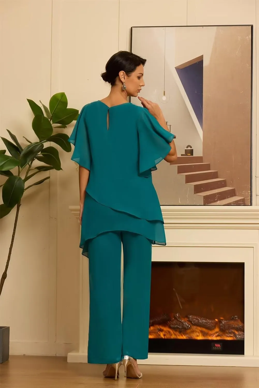 Women's Mother of The Bride Pant Suits 2 Pieces Chiffon Outfit Sets for Wedding Guest Evening Gowns