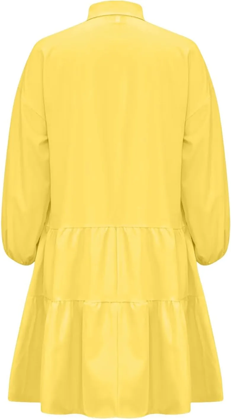 Women's Oversized Collared Mini Dresses Puff Sleeve Tiered Tunic Babydoll Dress Cute Button Down Flowy Shirt Dress