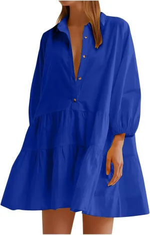Women's Oversized Collared Mini Dresses Puff Sleeve Tiered Tunic Babydoll Dress Cute Button Down Flowy Shirt Dress