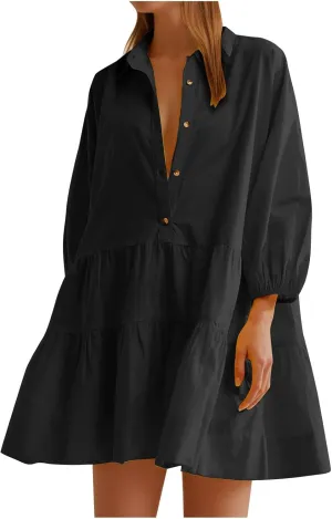 Women's Oversized Collared Mini Dresses Puff Sleeve Tiered Tunic Babydoll Dress Cute Button Down Flowy Shirt Dress