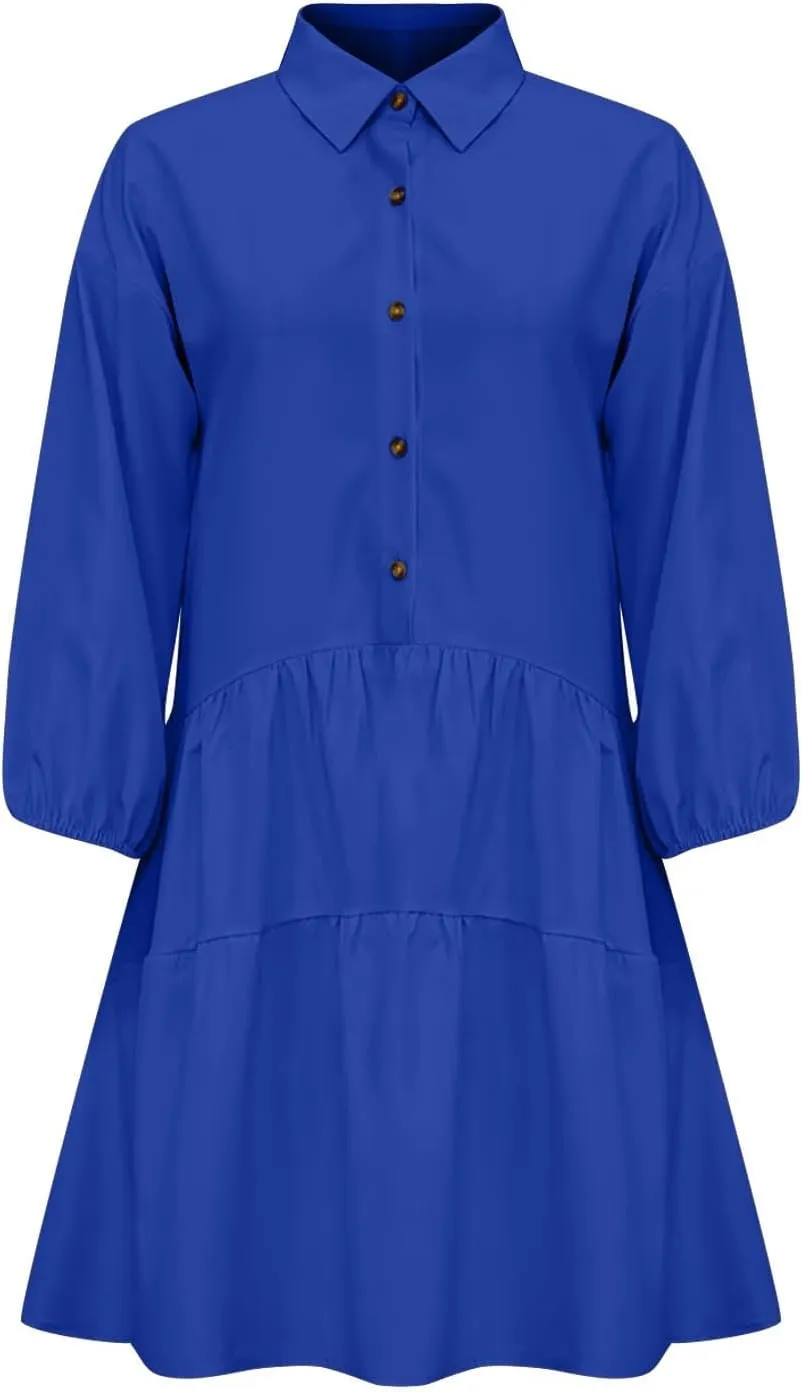 Women's Oversized Collared Mini Dresses Puff Sleeve Tiered Tunic Babydoll Dress Cute Button Down Flowy Shirt Dress