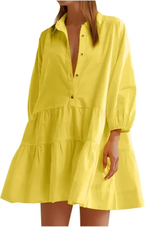 Women's Oversized Collared Mini Dresses Puff Sleeve Tiered Tunic Babydoll Dress Cute Button Down Flowy Shirt Dress