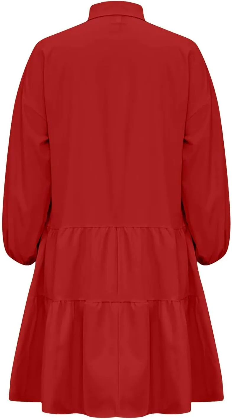 Women's Oversized Collared Mini Dresses Puff Sleeve Tiered Tunic Babydoll Dress Cute Button Down Flowy Shirt Dress