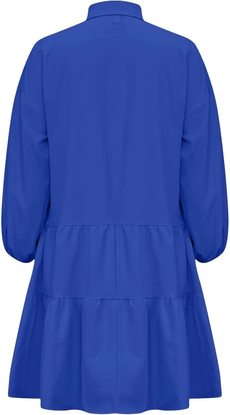Women's Oversized Collared Mini Dresses Puff Sleeve Tiered Tunic Babydoll Dress Cute Button Down Flowy Shirt Dress