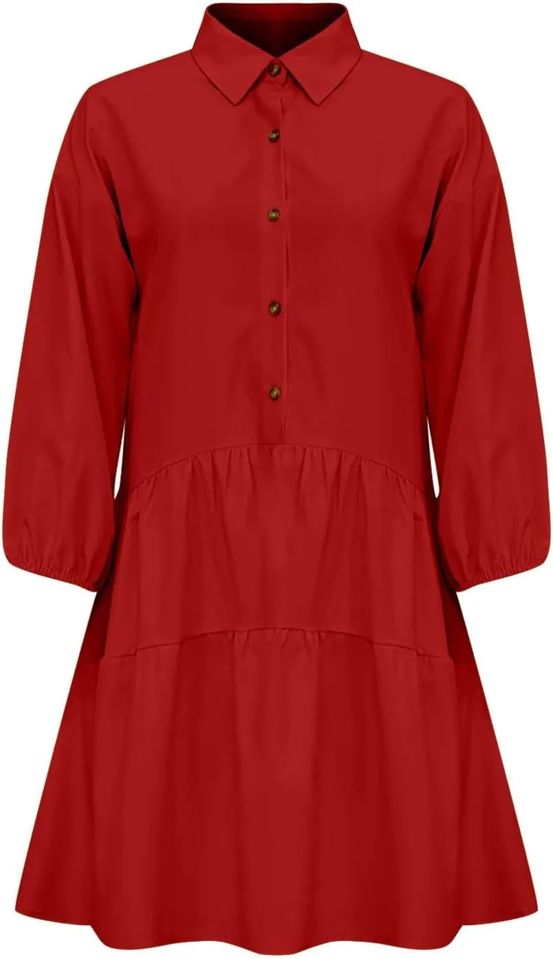 Women's Oversized Collared Mini Dresses Puff Sleeve Tiered Tunic Babydoll Dress Cute Button Down Flowy Shirt Dress