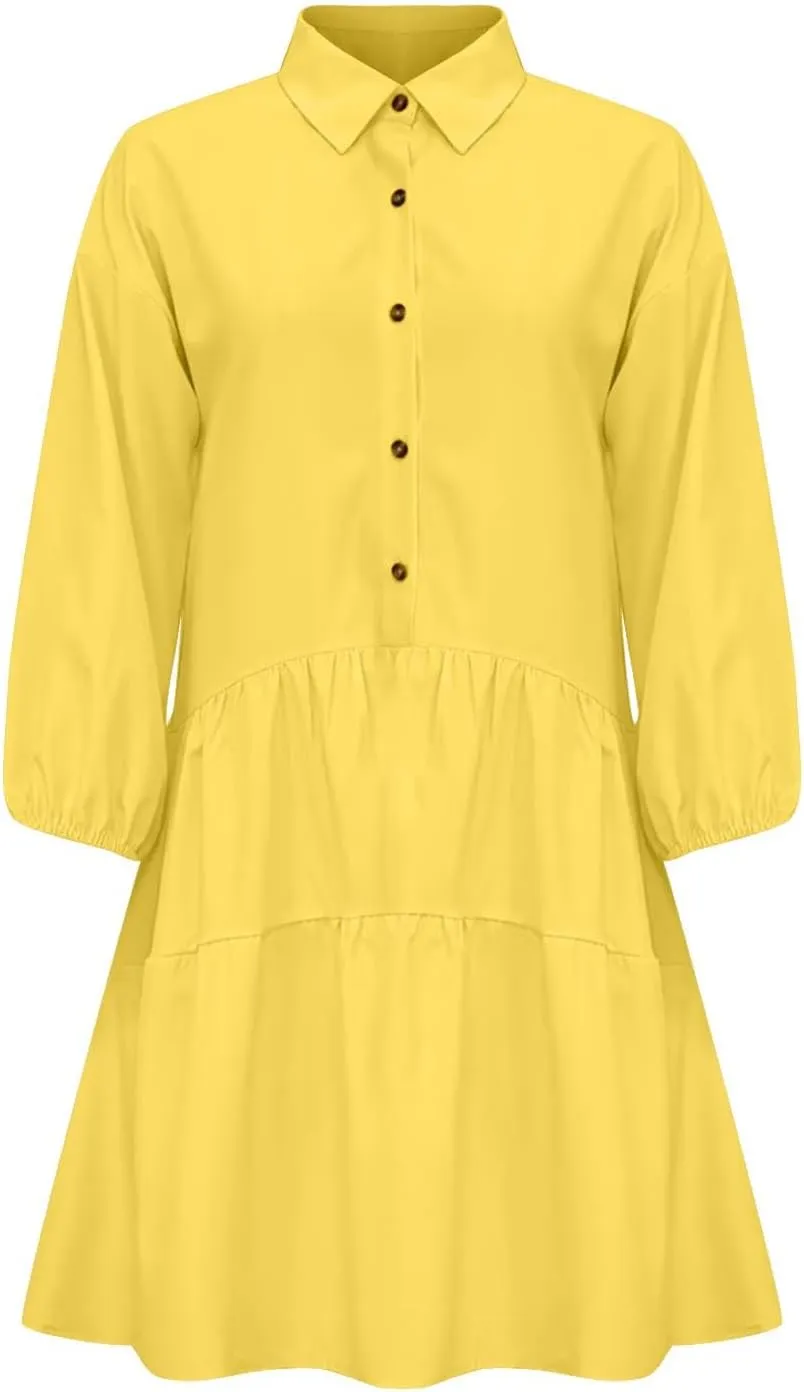 Women's Oversized Collared Mini Dresses Puff Sleeve Tiered Tunic Babydoll Dress Cute Button Down Flowy Shirt Dress