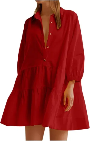 Women's Oversized Collared Mini Dresses Puff Sleeve Tiered Tunic Babydoll Dress Cute Button Down Flowy Shirt Dress